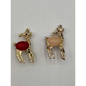 Jelly Belly Vintage Set of 2 Deer Brooches Pins Metal Rhinestones Unsigned